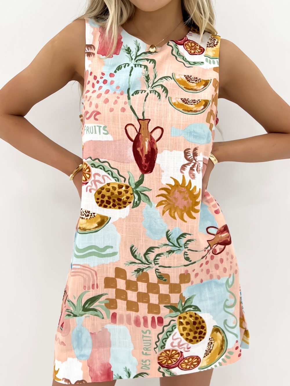 Sleeveless Peach Tropical Print Mini Dress - Picture 3 of 8